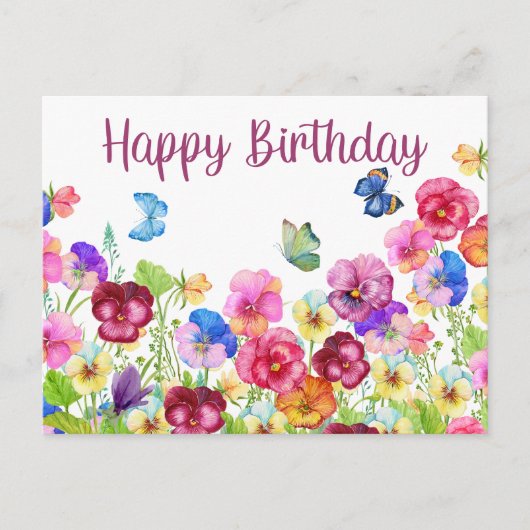 Happy Birthday Vibrany Watercolor Pansy Blume Postkarte (Vorderseite)