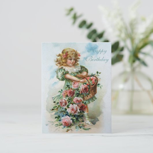 Happy Birthday Viktorianisch Post Card Rosa Rosen Postkarte (Stehend Vorderseite)