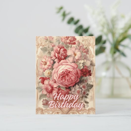 Happy Birthday Viktorianische Rose Illustration Postkarte (Stehend Vorderseite)
