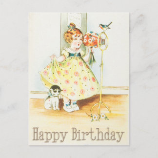 Happy Birthday Vintag Girl and Cat Postkarte