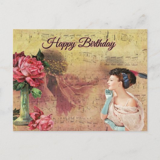 Happy Birthday Vintag Lady mit Rose Postkarte (Vorderseite)