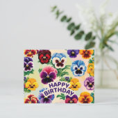 Happy Birthday Vintag Pansy Blume Postkarte (Stehend Vorderseite)