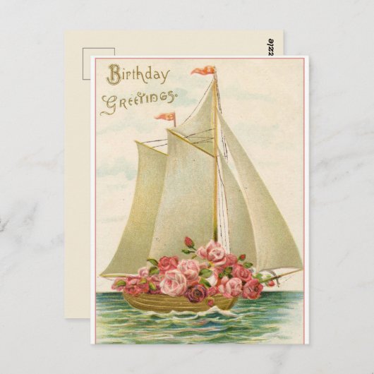 Happy Birthday Vintag Segelboot voller Rose Postkarte (Vorne/Hinten)