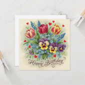 Happy Birthday Vintag Spring Blume Bouquet Karte (Vorderseite/Rückseite Beispiel)