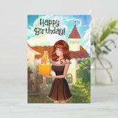 Happy Birthday Vintage Invitation Girl Cartoon Einladung (Stehend Vorderseite)