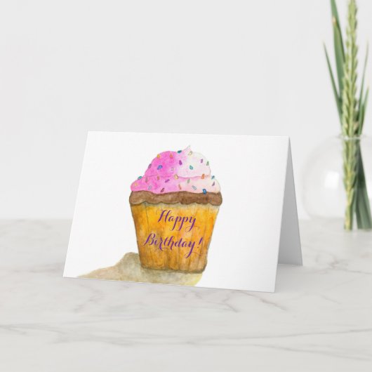 Happy Birthday Wasserfarben Pink Cupcake, Sprinkle Karte (Vorderseite)