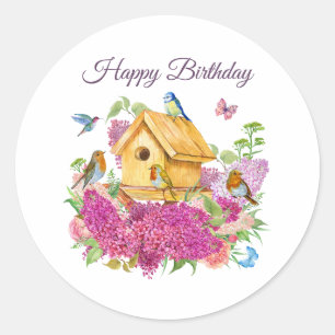 Happy Birthday Watercolor Birdhouse Lilac Blume Runder Aufkleber