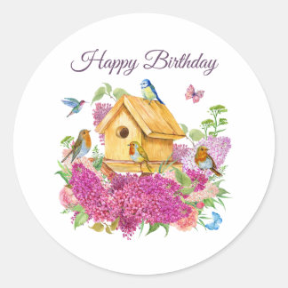 Happy Birthday Watercolor Birdhouse Lilac Blume Runder Aufkleber