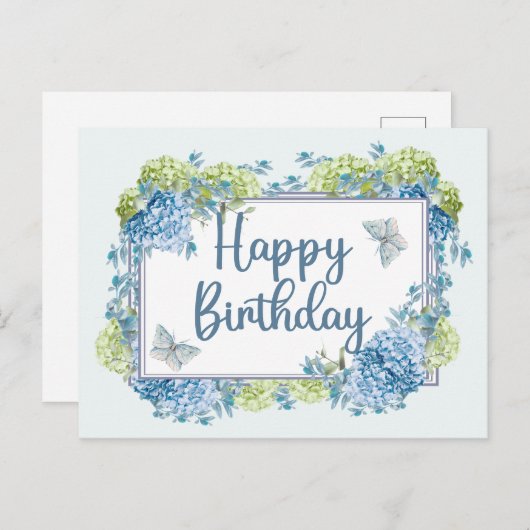 Happy Birthday Watercolor Blue Hydrangea Blume Postkarte (Vorne/Hinten)