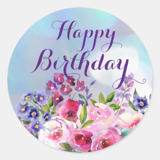 Happy Birthday Watercolor Blume Rundkleber Runder Aufkleber (Vorderseite)