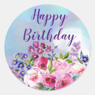 Happy Birthday Watercolor Blume Rundkleber Runder Aufkleber