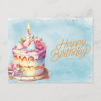 Happy Birthday Watercolor Cake mit Blume