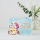 Happy Birthday Watercolor Cake mit Blume Postkarte (Stehend Vorderseite)