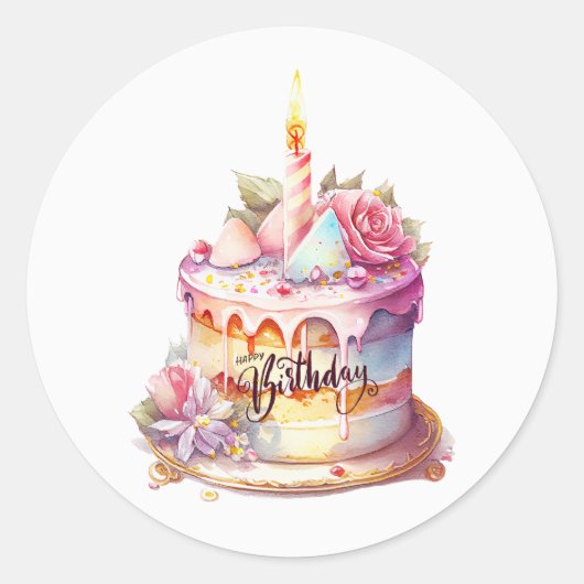 Happy Birthday Watercolor Cake mit Blume Runder Aufkleber (Vorderseite)