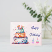 Happy Birthday Watercolor Cake with Candles Postkarte (Stehend Vorderseite)