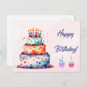 Happy Birthday Watercolor Cake with Candles Postkarte (Vorne/Hinten)