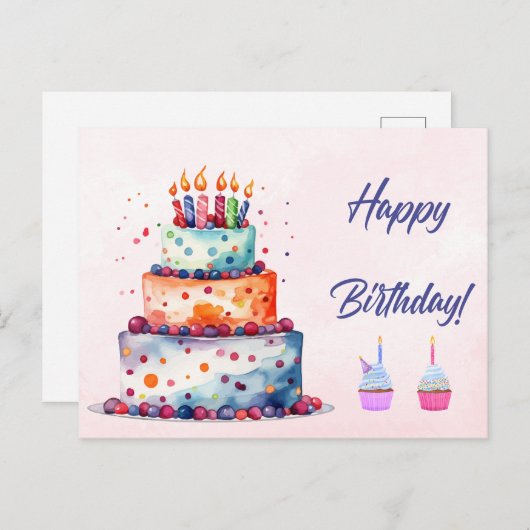 Happy Birthday Watercolor Cake with Candles Postkarte (Vorne/Hinten)