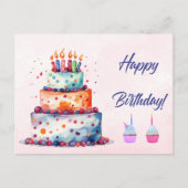 Happy Birthday Watercolor Cake with Candles Postkarte (Vorderseite)