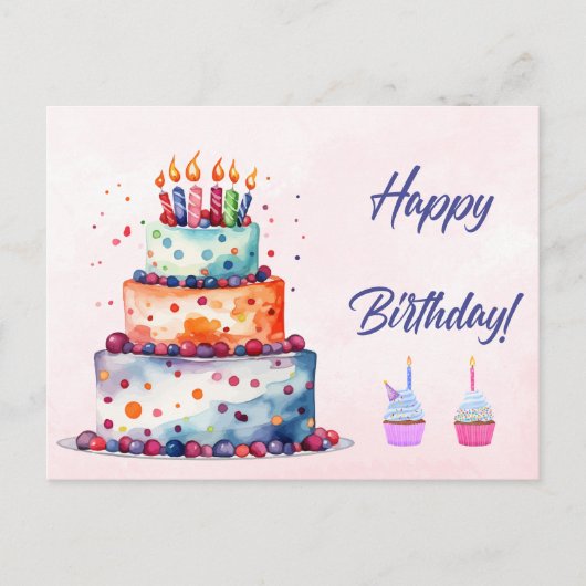 Happy Birthday Watercolor Cake with Candles Postkarte (Vorderseite)