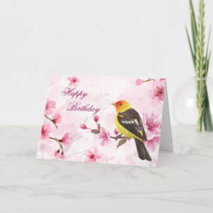Happy Birthday Watercolor Cherry Blossom & Bird Karte
