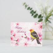 Happy Birthday Watercolor Cherry Blossom & Bird Postkarte (Stehend Vorderseite)