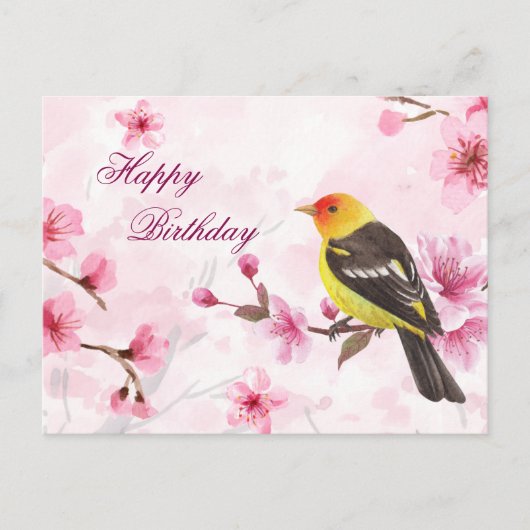 Happy Birthday Watercolor Cherry Blossom & Bird Postkarte (Vorderseite)