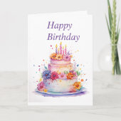 Happy Birthday Watercolor Floral Cake Karte (Vorderseite)