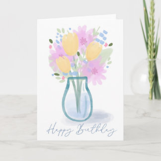 Happy Birthday Watercolor Floral Vase for Mom Karte
