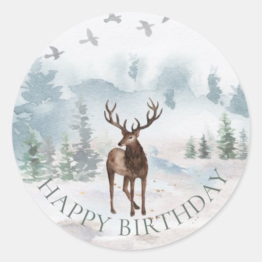 Happy Birthday Watercolor Forest Woodland Deer Runder Aufkleber (Vorderseite)