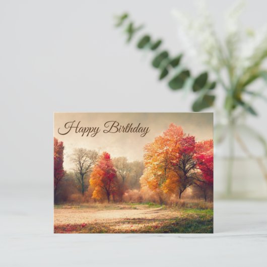 Happy Birthday Watercolor Herbstwald Landschaft Postkarte (Stehend Vorderseite)