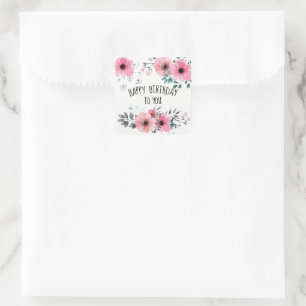 Happy Birthday Watercolor Hübsch Pink Floral Quadratischer Aufkleber