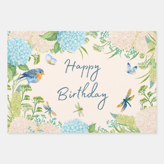Happy Birthday Watercolor Hydrangea Blume Geschenkpapier Set (Vorderseite)