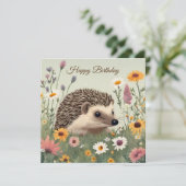 Happy Birthday Watercolor Igel und Blume Karte (Stehend Vorderseite)