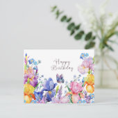 Happy Birthday Watercolor Iris Blume und Garten Postkarte (Stehend Vorderseite)