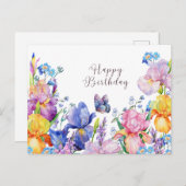 Happy Birthday Watercolor Iris Blume und Garten Postkarte (Vorne/Hinten)