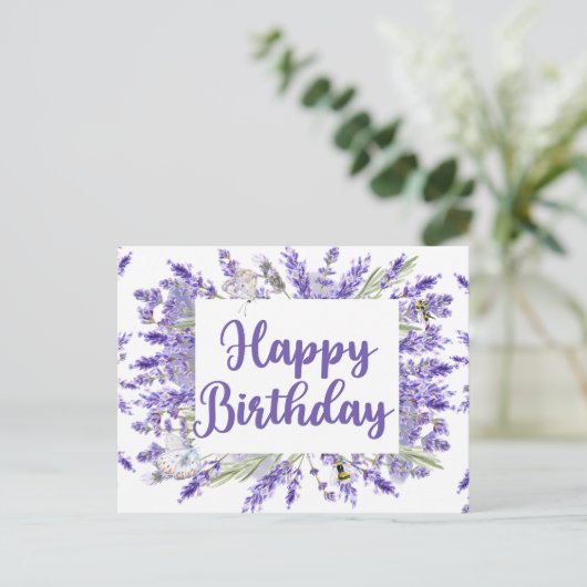 Happy Birthday Watercolor Lavender Blume Postkarte (Stehend Vorderseite)