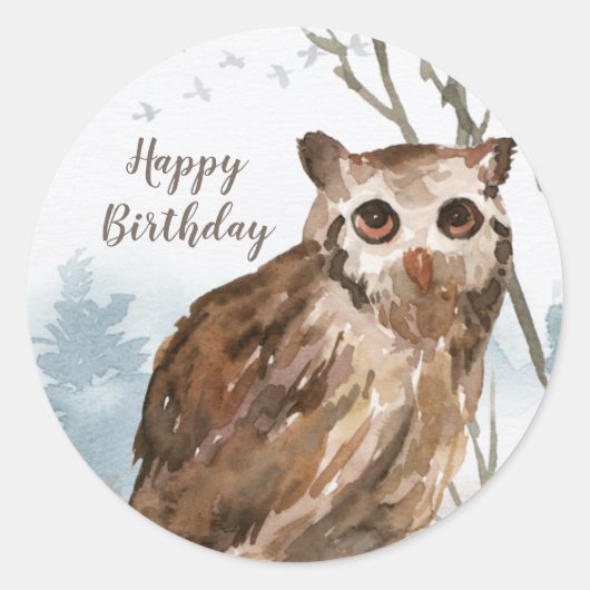 Happy Birthday Watercolor Owl Runder Aufkleber (Vorderseite)