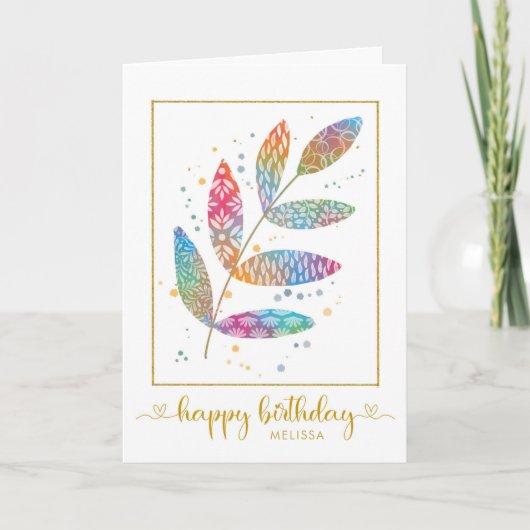Happy Birthday Watercolor Pattern Blätter Karte (Vorderseite)