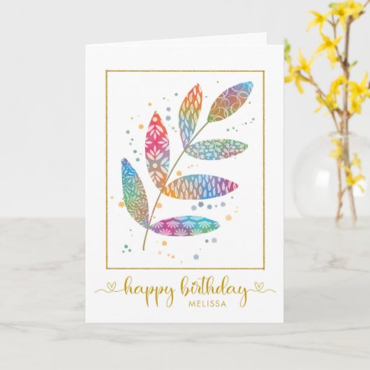 Happy Birthday Watercolor Pattern Blätter Karte (Gelbe Blume)