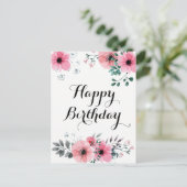 Happy Birthday Watercolor Pink Floral Postkarte (Stehend Vorderseite)