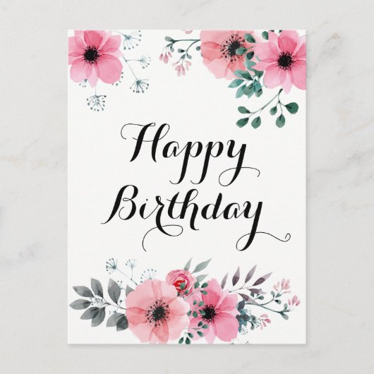Happy Birthday Watercolor Pink Floral Postkarte (Vorderseite)