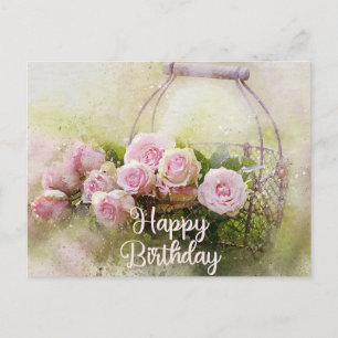 Happy Birthday Watercolor Pink Roses in a Basket Postkarte