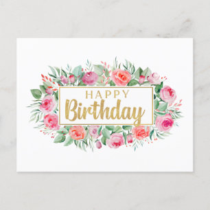 Happy Birthday Watercolor Pink Roses Postkarte