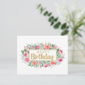 Happy Birthday Watercolor Pink Roses Postkarte (Stehend Vorderseite)