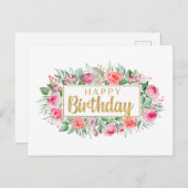 Happy Birthday Watercolor Pink Roses Postkarte (Vorne/Hinten)