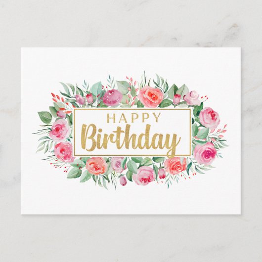 Happy Birthday Watercolor Pink Roses Postkarte (Vorderseite)