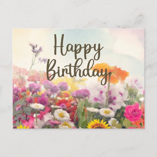 Happy Birthday Watercolor Sommer-Wildblumen Postkarte (Vorderseite)