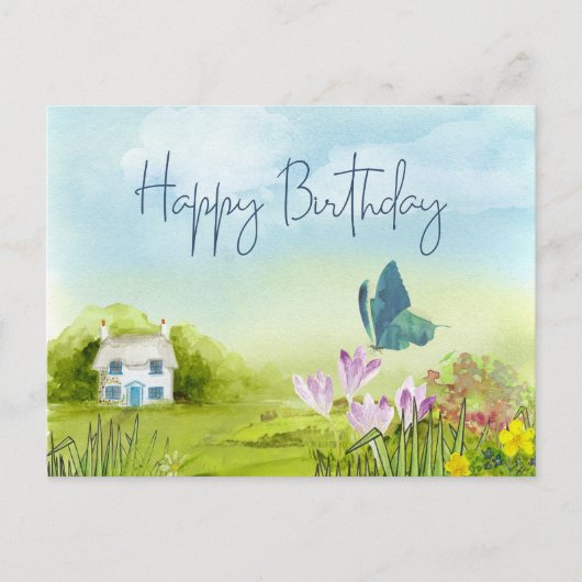 Happy Birthday Watercolor Summer Hütte Postkarte (Vorderseite)