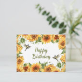 Happy Birthday Watercolor Sunflowers & Birds Postkarte (Stehend Vorderseite)