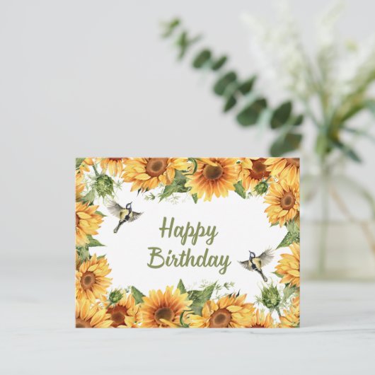 Happy Birthday Watercolor Sunflowers & Birds Postkarte (Stehend Vorderseite)